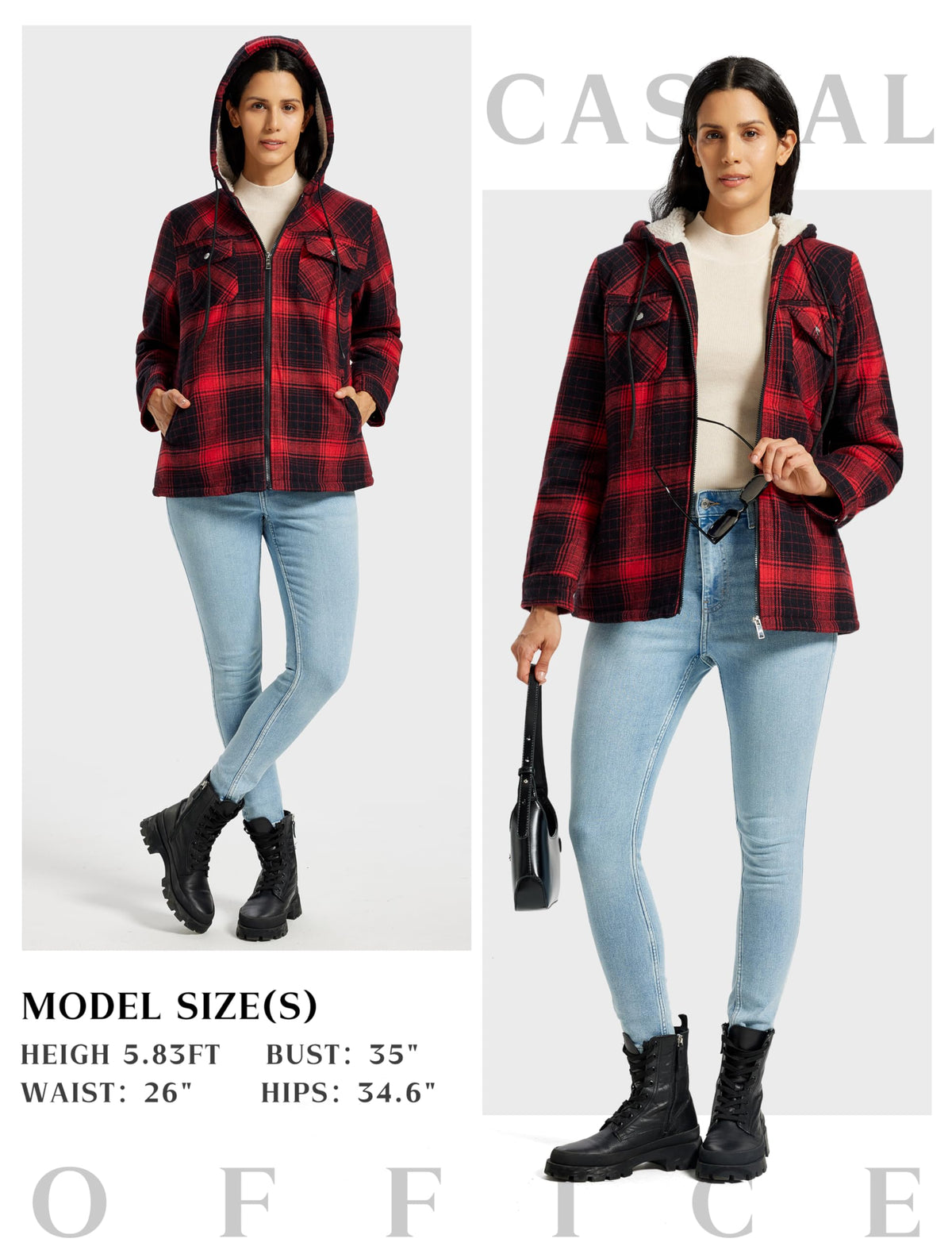 MoFiz Women Fleece Zip Up Hoodie Flannel Plaid Jacket With Pocket