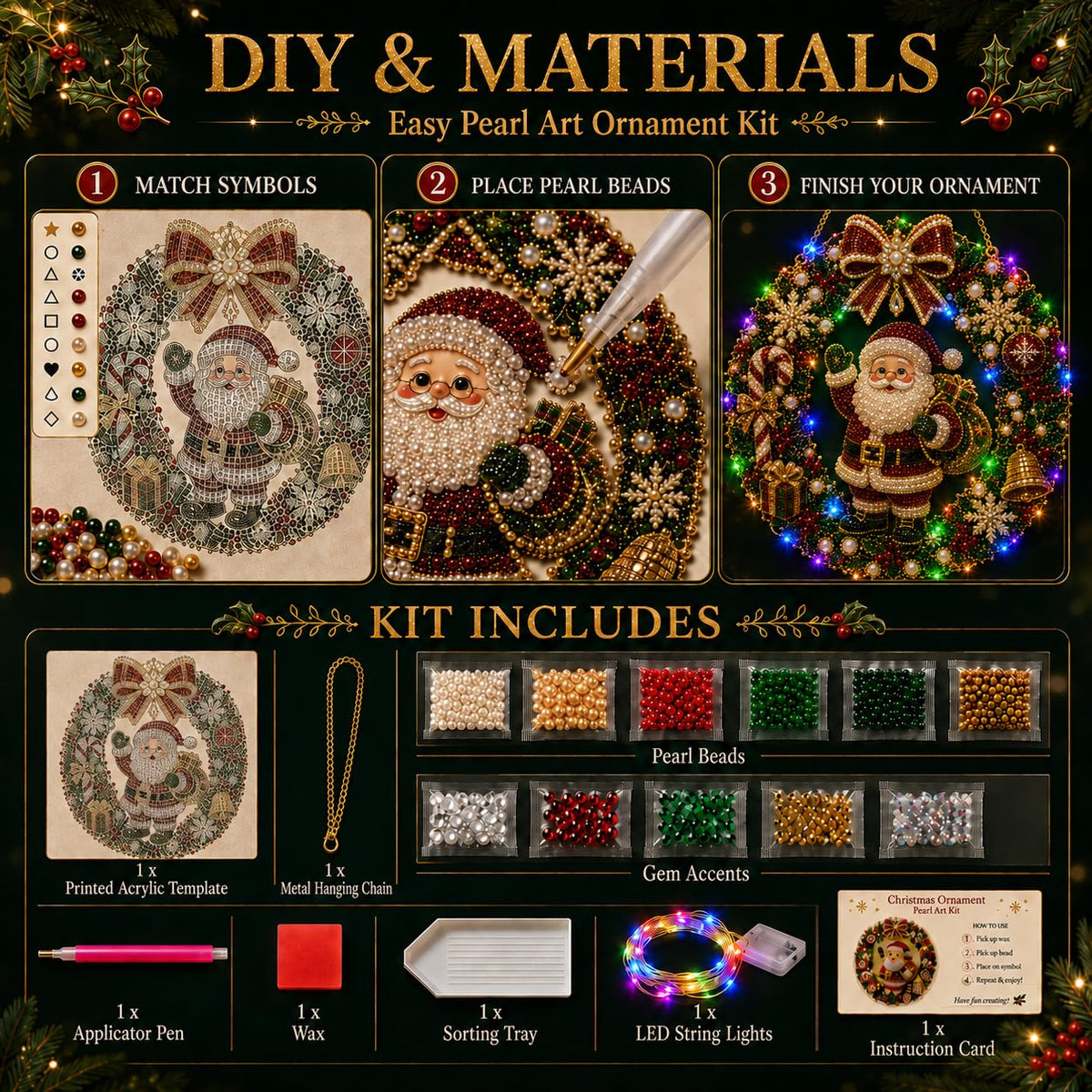 Christmas Pearl Diamond Painting Kit with LED String Lights (SNM 1, 9.84in)