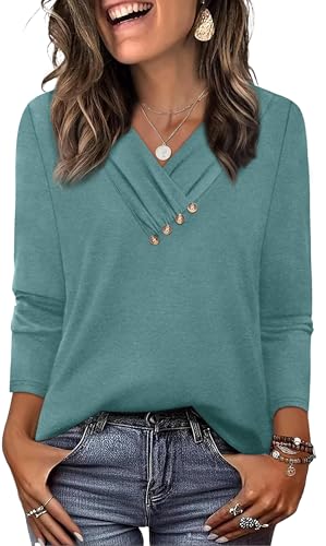 Women's V-Neck Long Sleeve Button Down Tunic Top