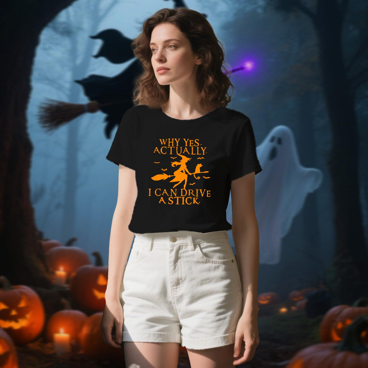 Women Halloween Shirt Why Yes I Can Drive A Stick Tshirt Halloween Witch Sarcastic Tee Tops