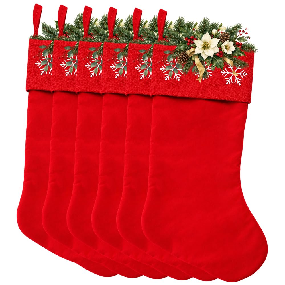 6 Pack Christmas Stockings18 Large Red Plush Christmas Stockings with White Faux Fur Cuff, Soft Thick Xmas Hanging Stockings for Fireplace Mantel, Family Holiday Decorations