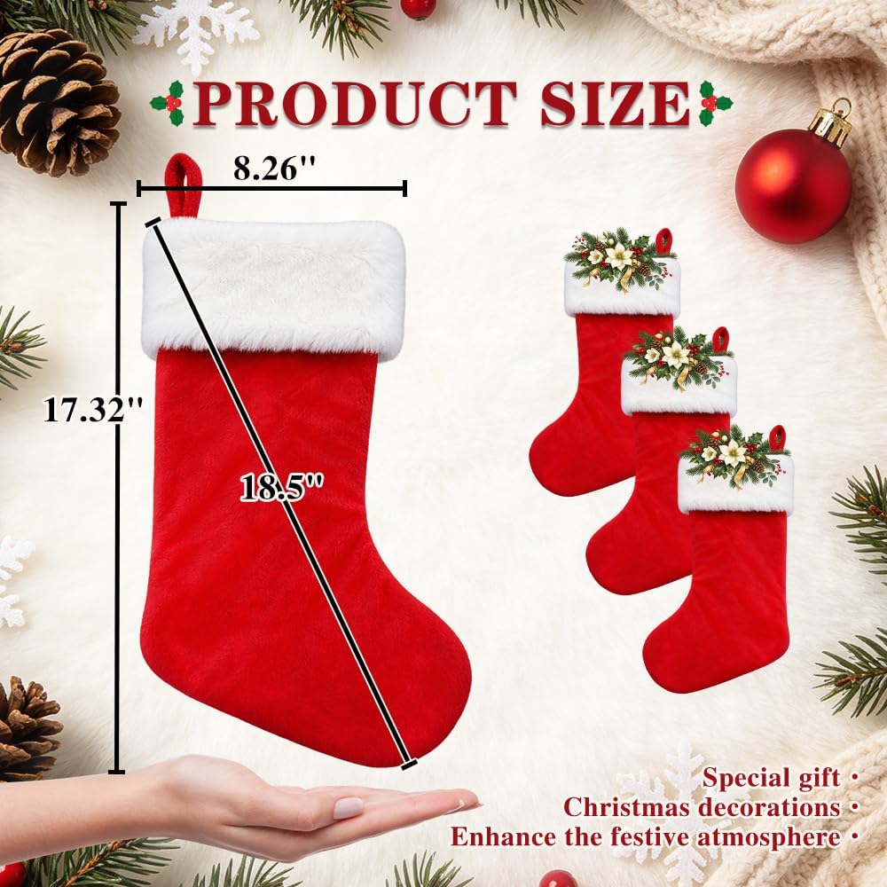 6 Pack Christmas Stockings18 Large Red Plush Christmas Stockings with White Faux Fur Cuff, Soft Thick Xmas Hanging Stockings for Fireplace Mantel, Family Holiday Decorations