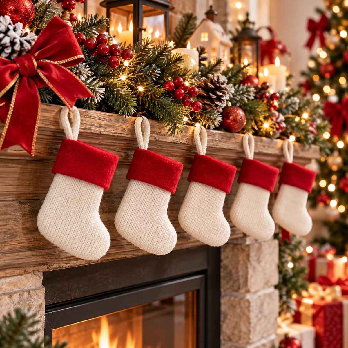 6 Pack Christmas Stockings18 Large Red Plush Christmas Stockings with White Faux Fur Cuff, Soft Thick Xmas Hanging Stockings for Fireplace Mantel, Family Holiday Decorations