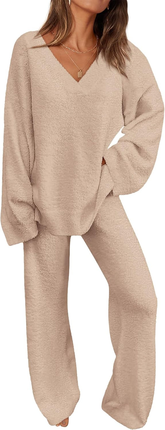 PRETTYGARDEN Lounge Sets for Women Fall 2 Piece Fuzzy Sweater Pajama Set