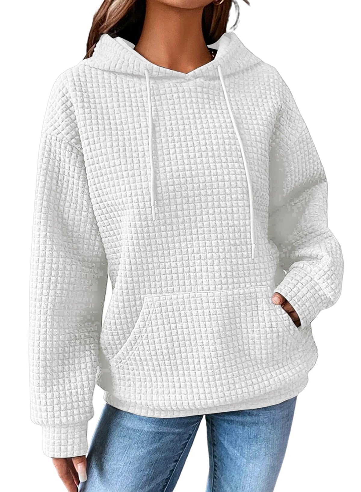 SHEWIN Women Fall Waffle Hoodies Pullover Tops Hooded Sweatshirt