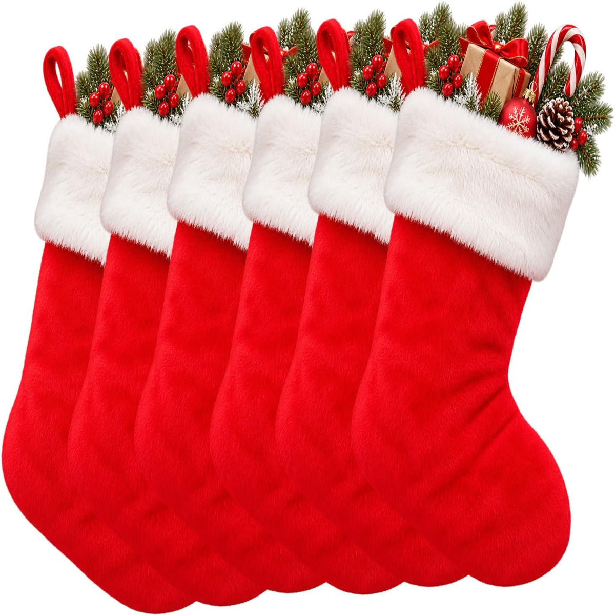 6 Pack Christmas Stockings18 Large Red Plush Christmas Stockings with White Faux Fur Cuff, Soft Thick Xmas Hanging Stockings for Fireplace Mantel, Family Holiday Decorations