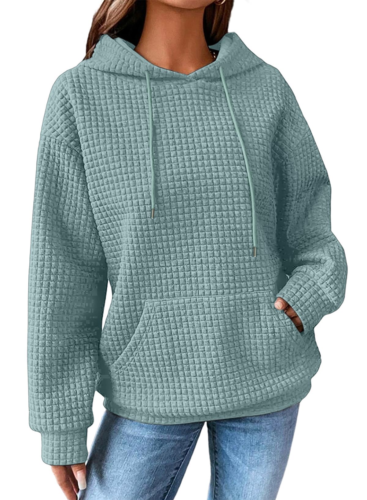 SHEWIN Women Fall Waffle Hoodies Pullover Tops Hooded Sweatshirt
