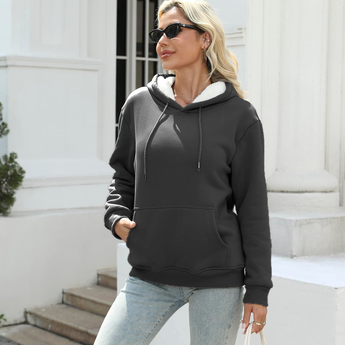 Women's Sherpa Lined Hoodie, Warm Fleece Pullover Sweatshirt with Pocket