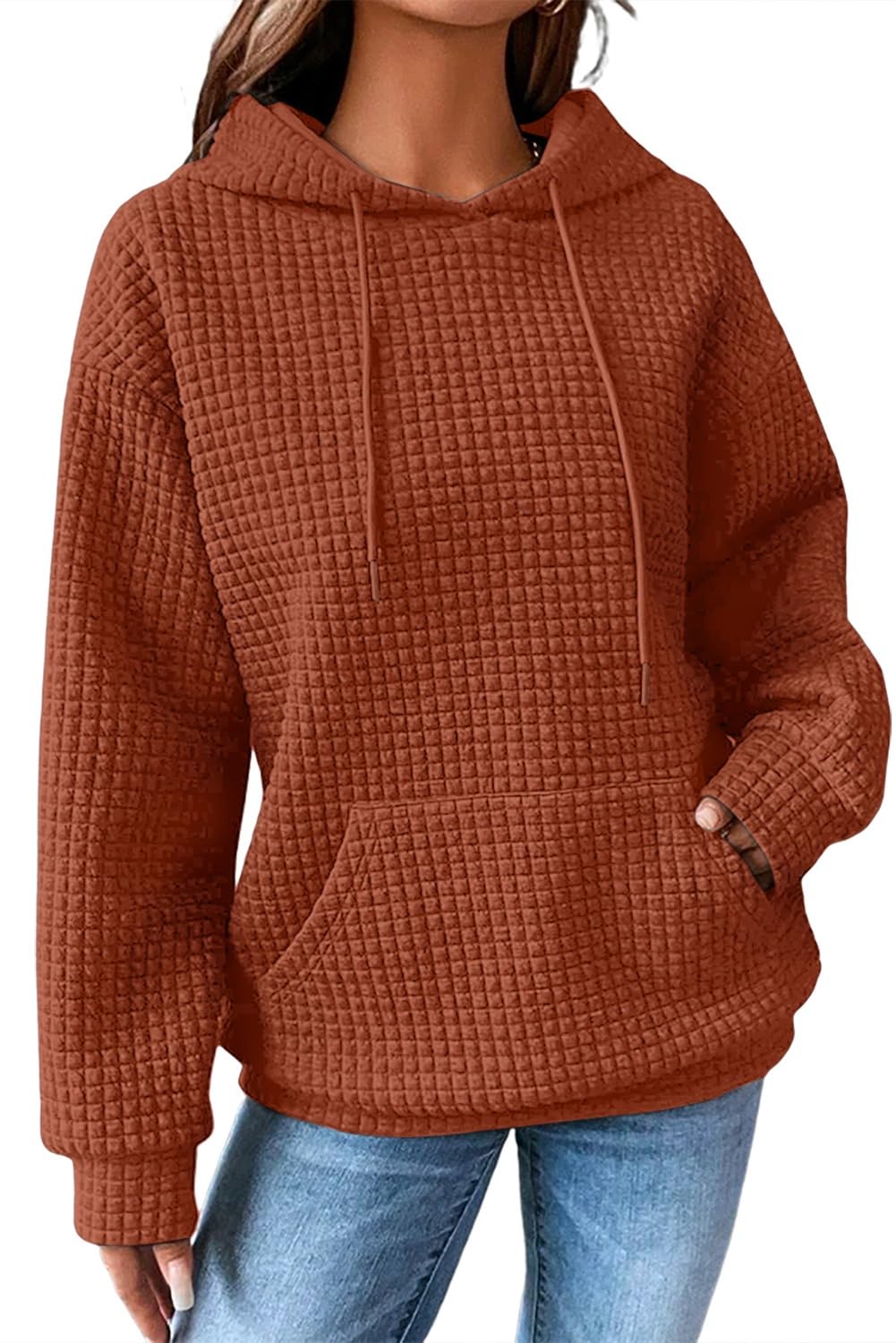 SHEWIN Women Fall Waffle Hoodies Pullover Tops Hooded Sweatshirt