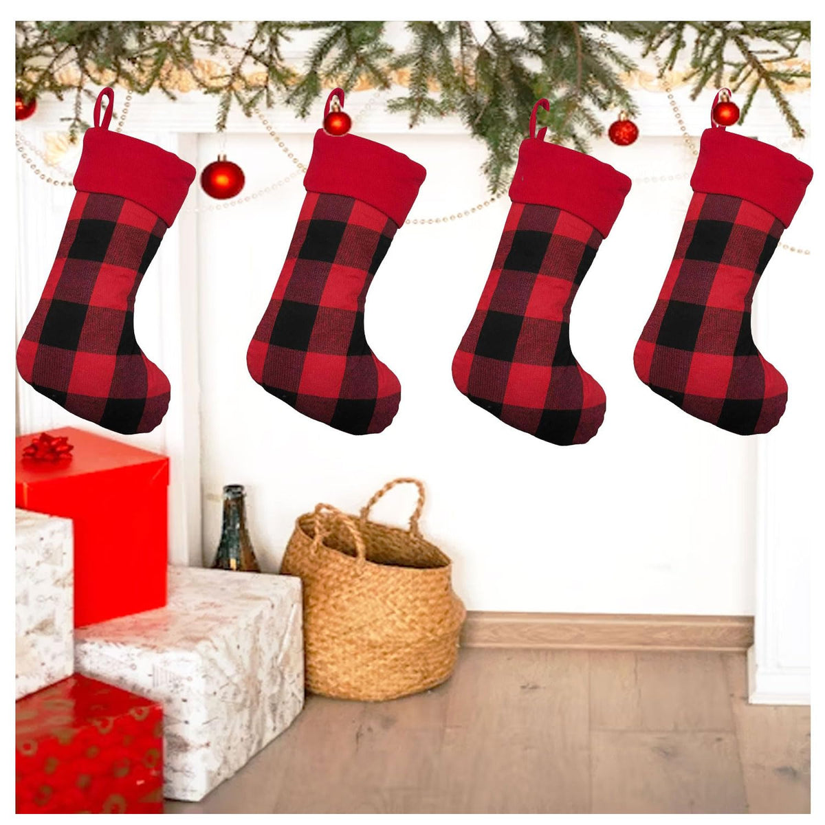 6 Pack Christmas Stockings18 Large Red Plush Christmas Stockings with White Faux Fur Cuff, Soft Thick Xmas Hanging Stockings for Fireplace Mantel, Family Holiday Decorations