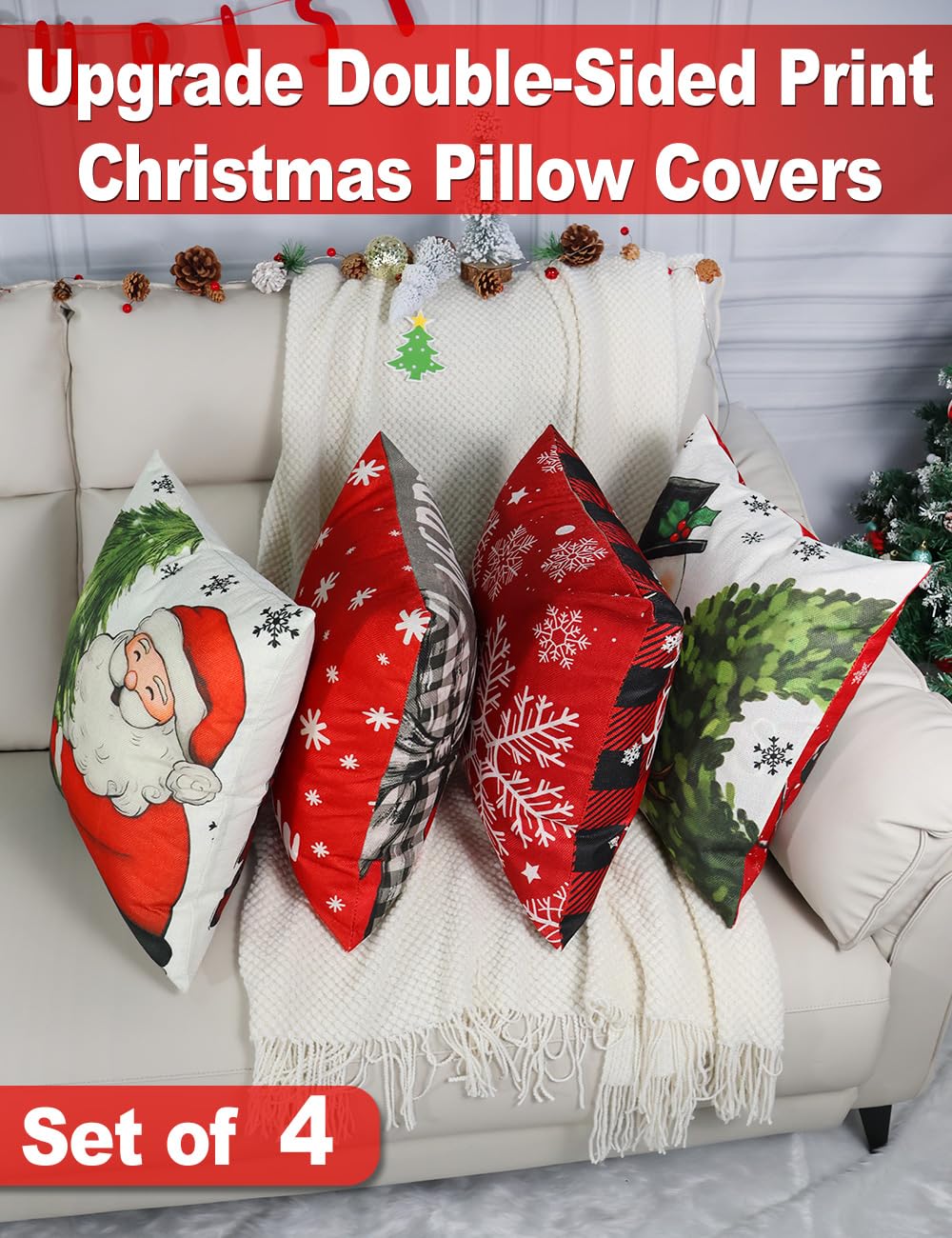 multiwins Christmas Pillow Covers 18x18 4Pcs Double-Sided Print Home Decor