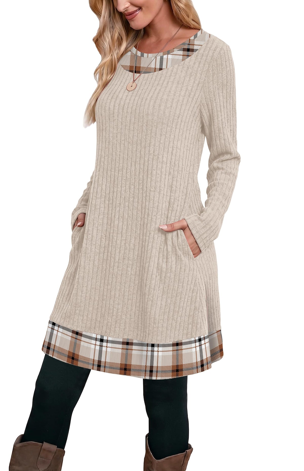 OFEEFAN Fall Dresses for Women 2026 Long Sleeve Sweater Dress Color Block