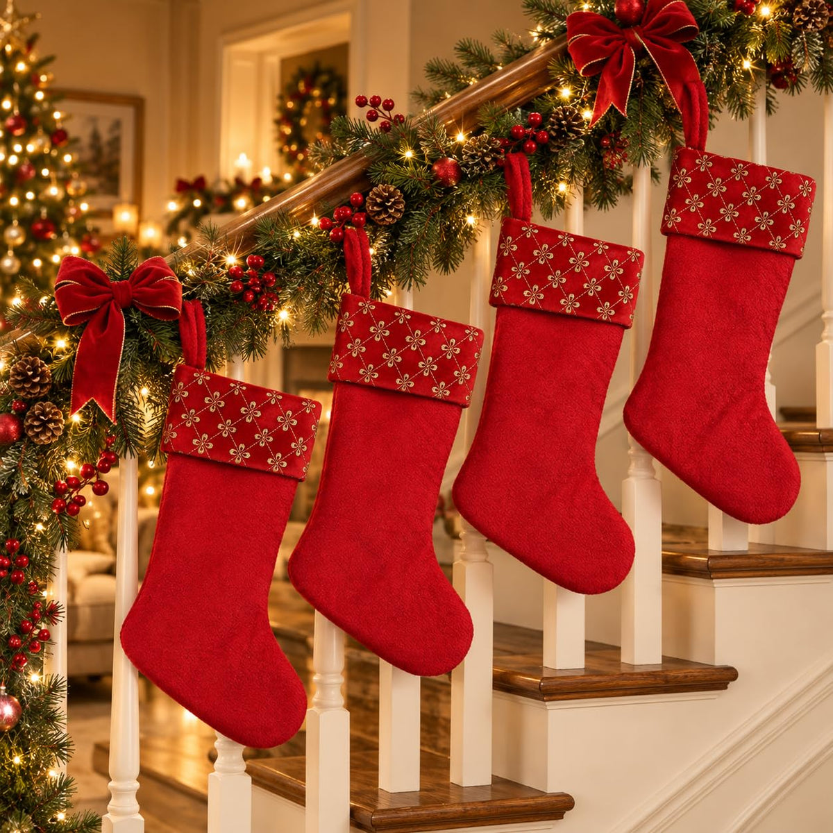6 Pack Christmas Stockings18 Large Red Plush Christmas Stockings with White Faux Fur Cuff, Soft Thick Xmas Hanging Stockings for Fireplace Mantel, Family Holiday Decorations