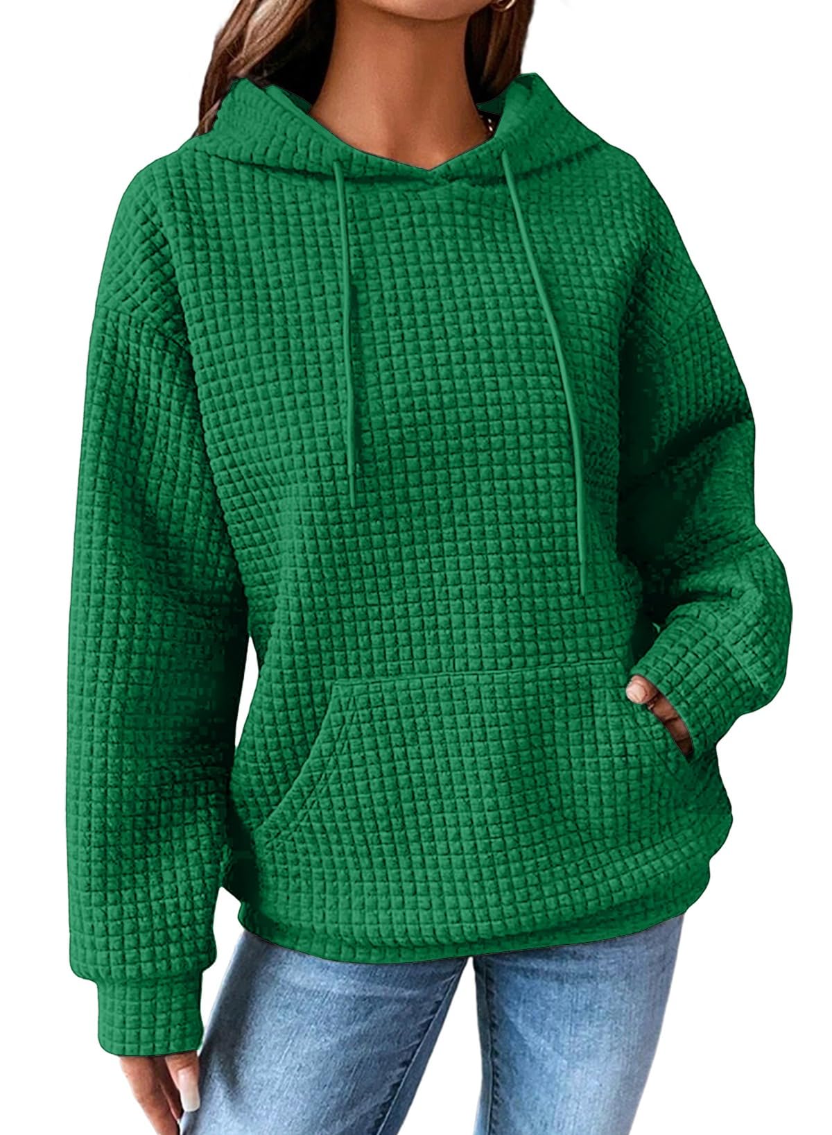 SHEWIN Women Fall Waffle Hoodies Pullover Tops Hooded Sweatshirt