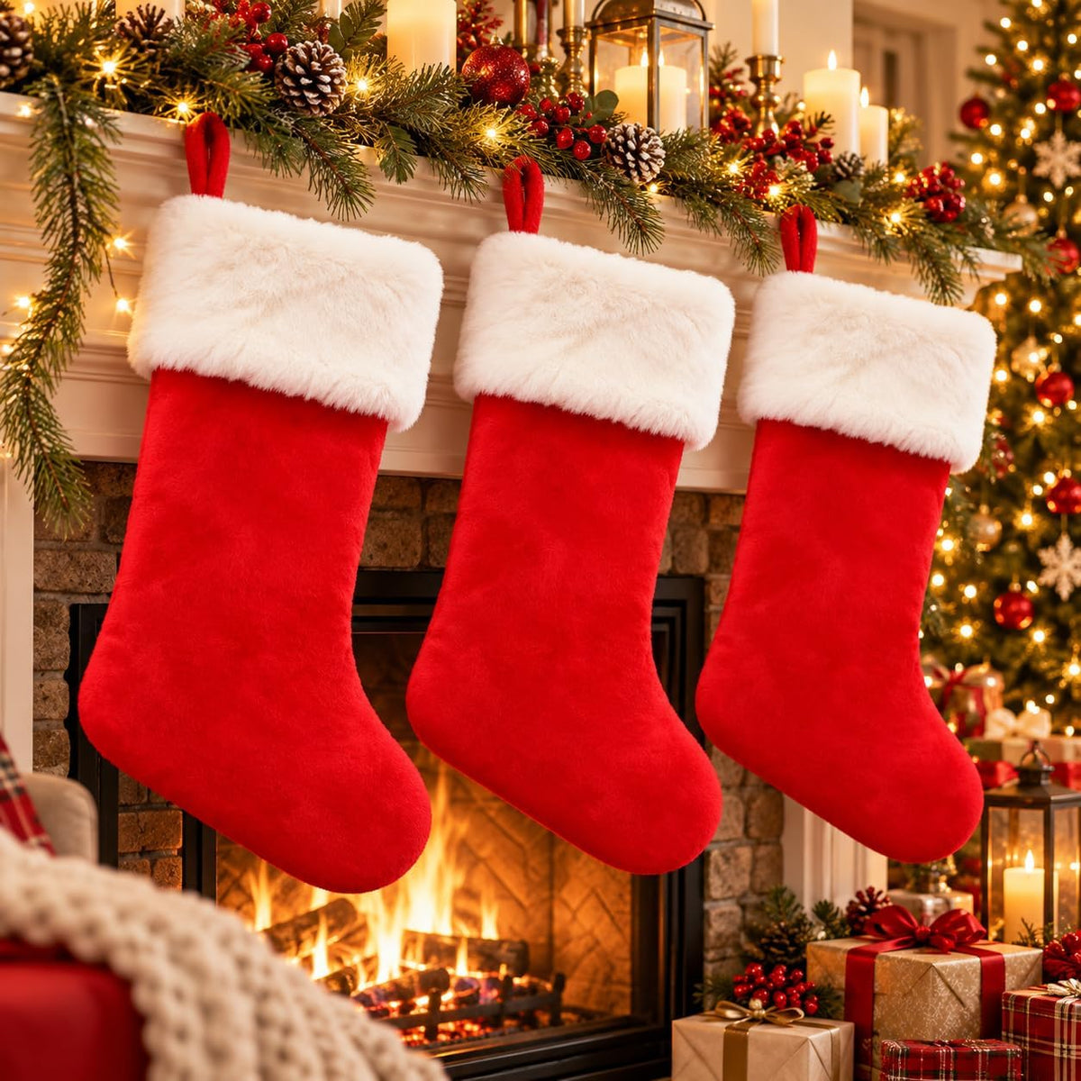 6 Pack Christmas Stockings18 Large Red Plush Christmas Stockings with White Faux Fur Cuff, Soft Thick Xmas Hanging Stockings for Fireplace Mantel, Family Holiday Decorations