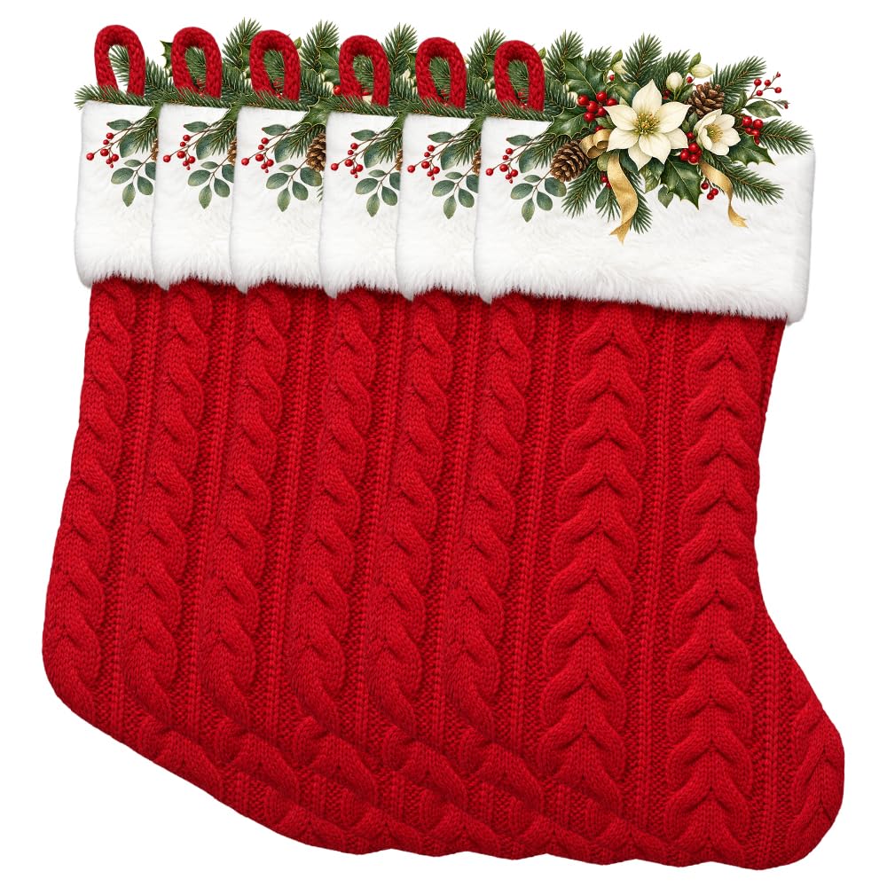 6 Pack Christmas Stockings18 Large Red Plush Christmas Stockings with White Faux Fur Cuff, Soft Thick Xmas Hanging Stockings for Fireplace Mantel, Family Holiday Decorations