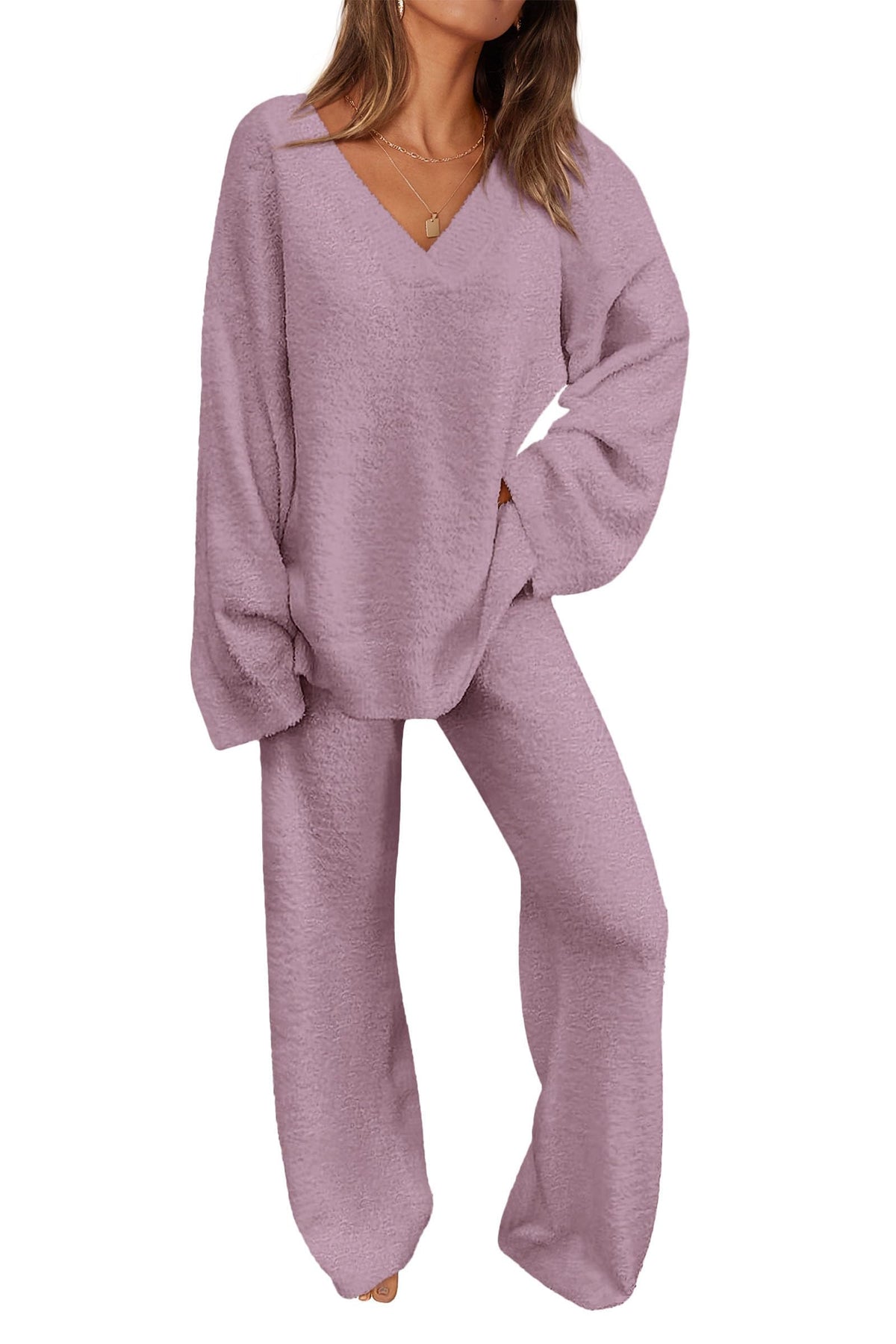 PRETTYGARDEN Lounge Sets for Women Fall 2 Piece Fuzzy Sweater Pajama Set