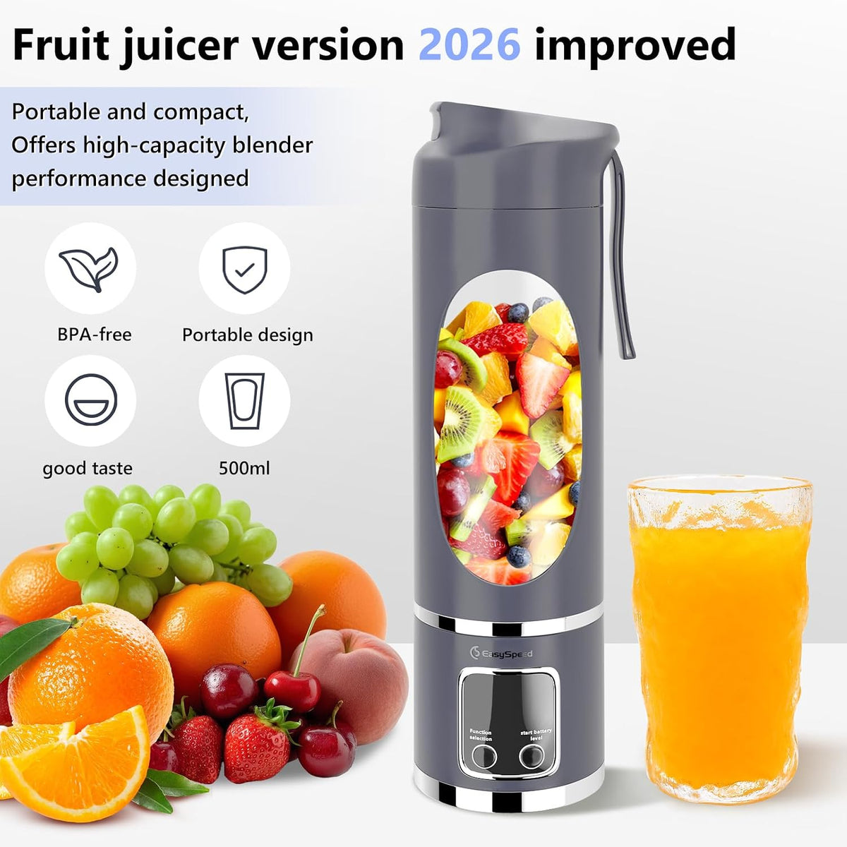 EASYSPEED Portable Blender Electric USB-C, 500ML Personal Juicer for Shakes, 12 Blades, 1500mAh Rechargeable, BPA Free, 18oz Small Blender with Leakproof Lid & Sip Spout, Mixing, Compact