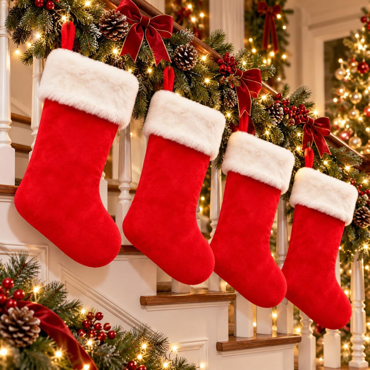 6 Pack Christmas Stockings18 Large Red Plush Christmas Stockings with White Faux Fur Cuff, Soft Thick Xmas Hanging Stockings for Fireplace Mantel, Family Holiday Decorations