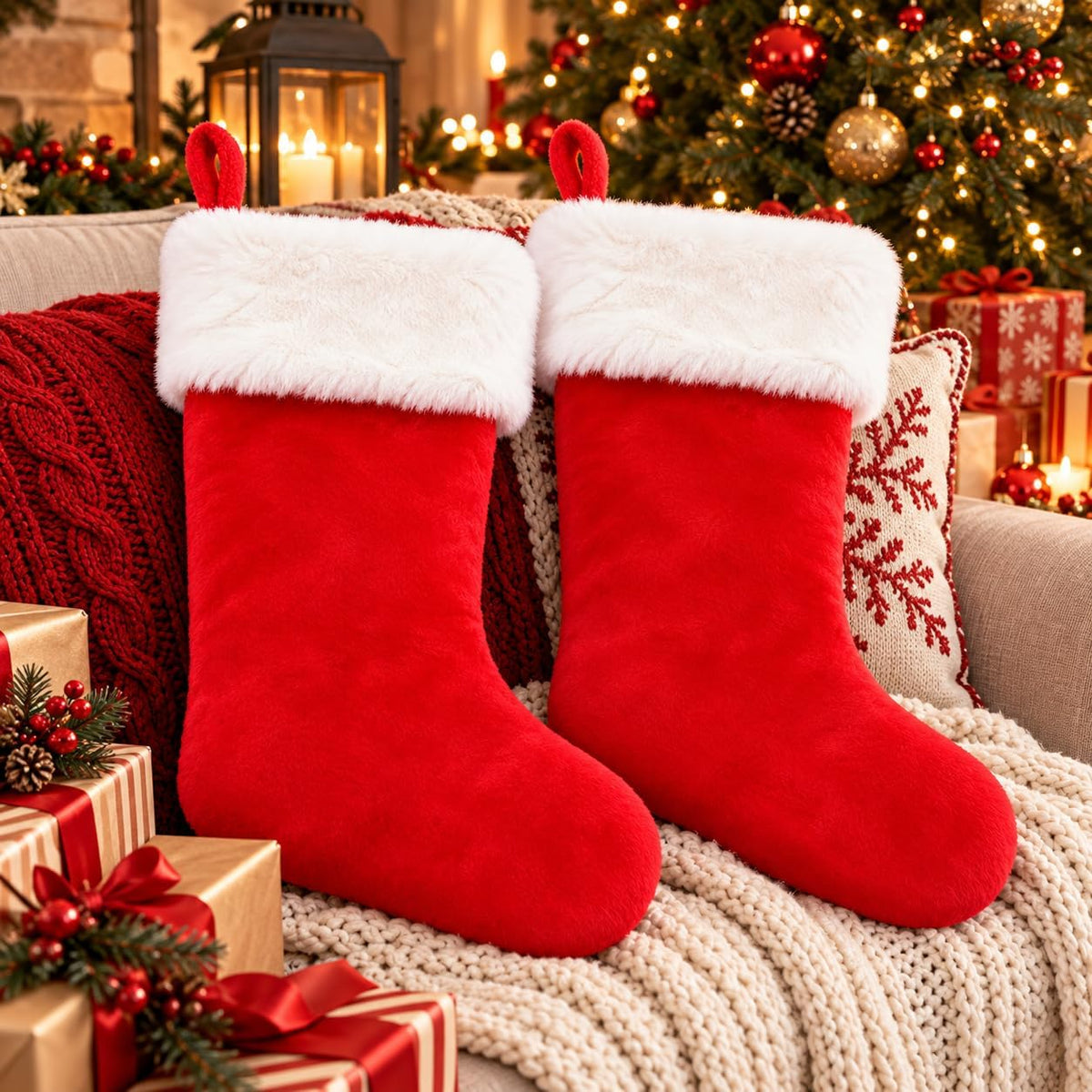 6 Pack Christmas Stockings18 Large Red Plush Christmas Stockings with White Faux Fur Cuff, Soft Thick Xmas Hanging Stockings for Fireplace Mantel, Family Holiday Decorations