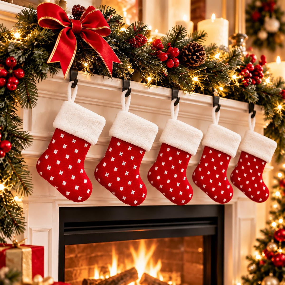 6 Pack Christmas Stockings18 Large Red Plush Christmas Stockings with White Faux Fur Cuff, Soft Thick Xmas Hanging Stockings for Fireplace Mantel, Family Holiday Decorations