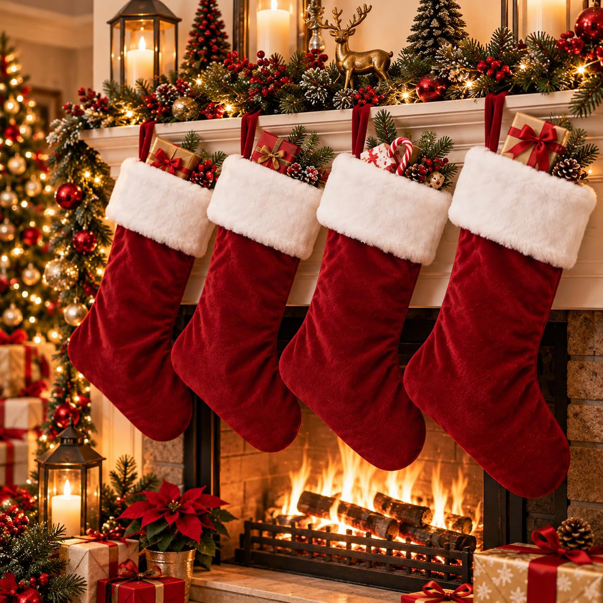 6 Pack Christmas Stockings18 Large Red Plush Christmas Stockings with White Faux Fur Cuff, Soft Thick Xmas Hanging Stockings for Fireplace Mantel, Family Holiday Decorations