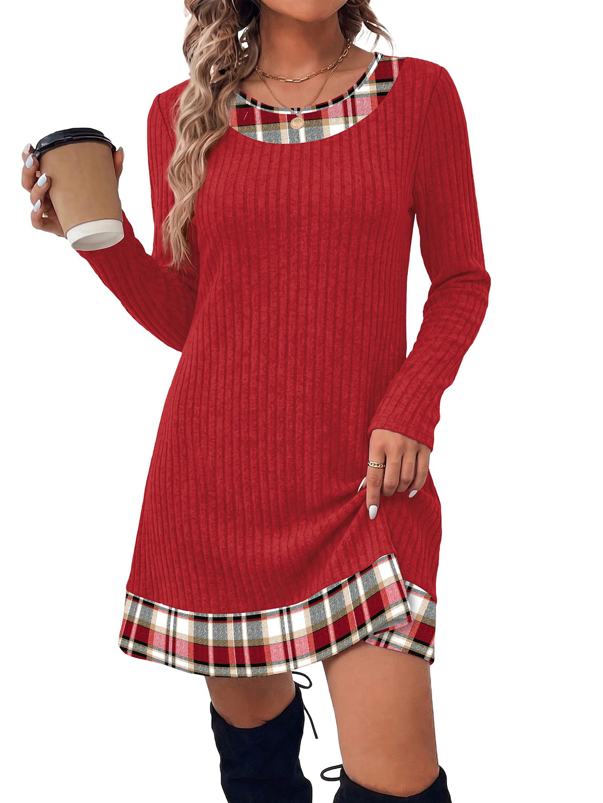 OFEEFAN Fall Dresses for Women 2026 Long Sleeve Sweater Dress Color Block