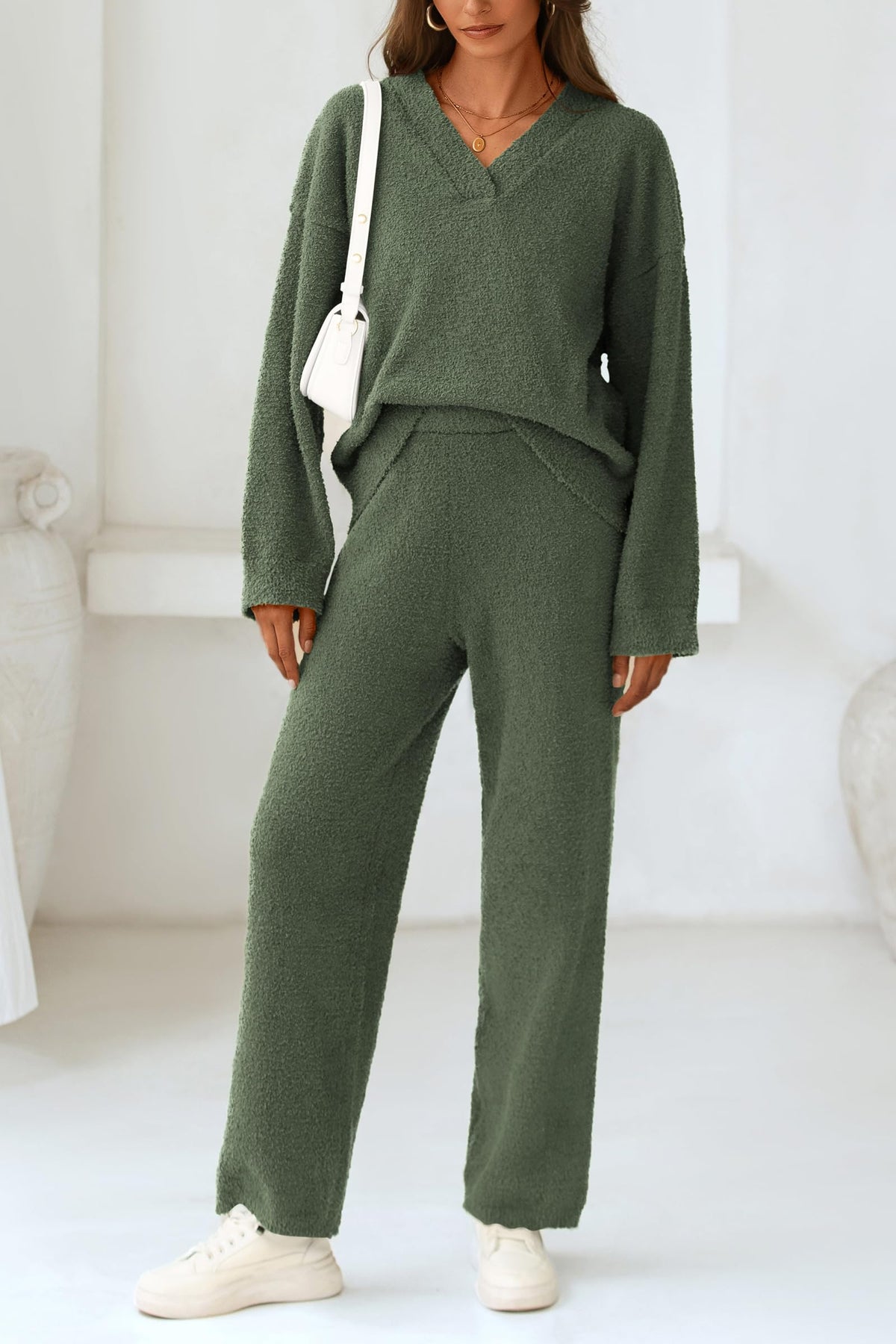 PRETTYGARDEN Lounge Sets for Women Fall 2 Piece Fuzzy Sweater Pajama Set