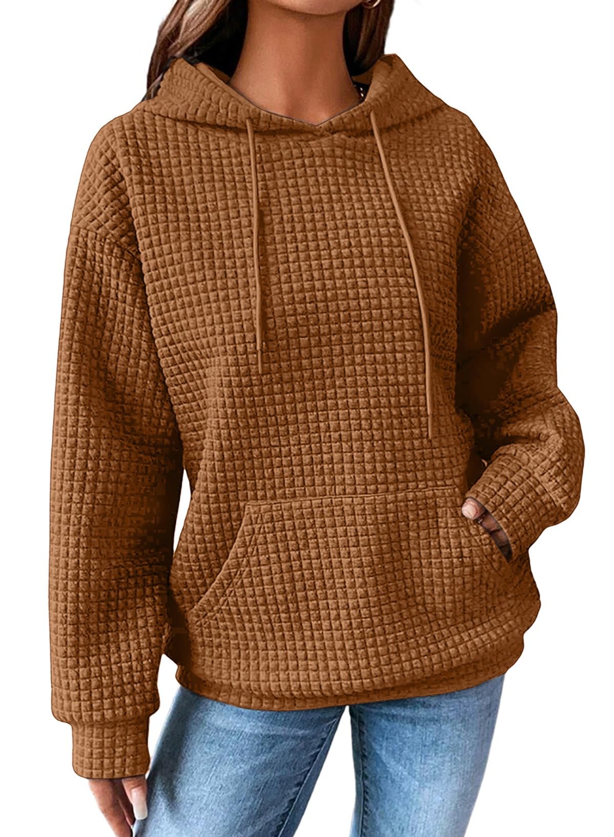 SHEWIN Women Fall Waffle Hoodies Pullover Tops Hooded Sweatshirt