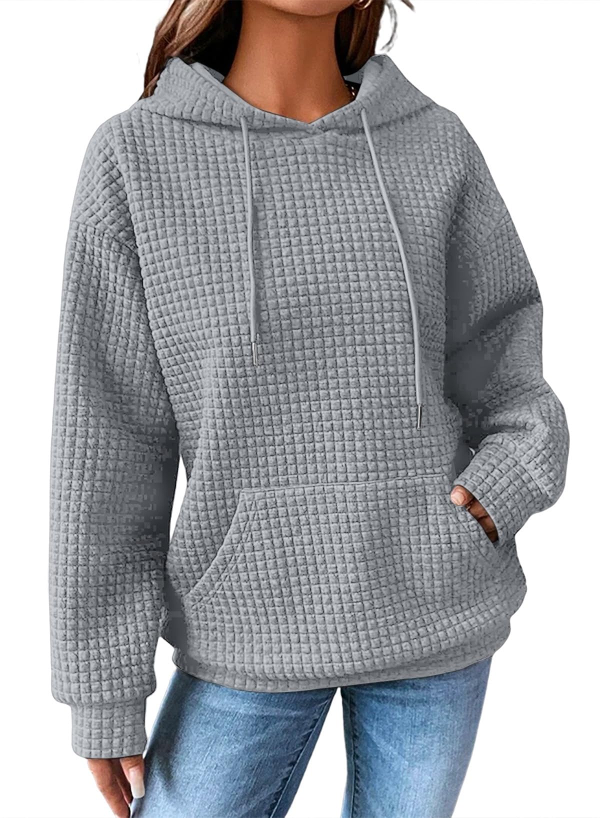SHEWIN Women Fall Waffle Hoodies Pullover Tops Hooded Sweatshirt