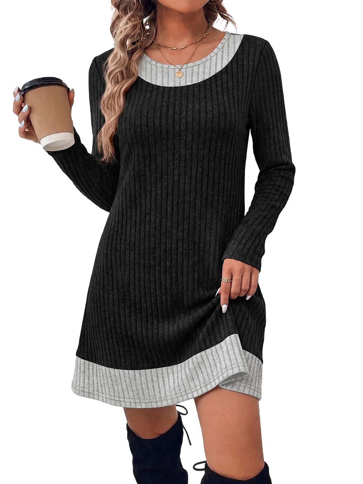 OFEEFAN Fall Dresses for Women 2026 Long Sleeve Sweater Dress Color Block