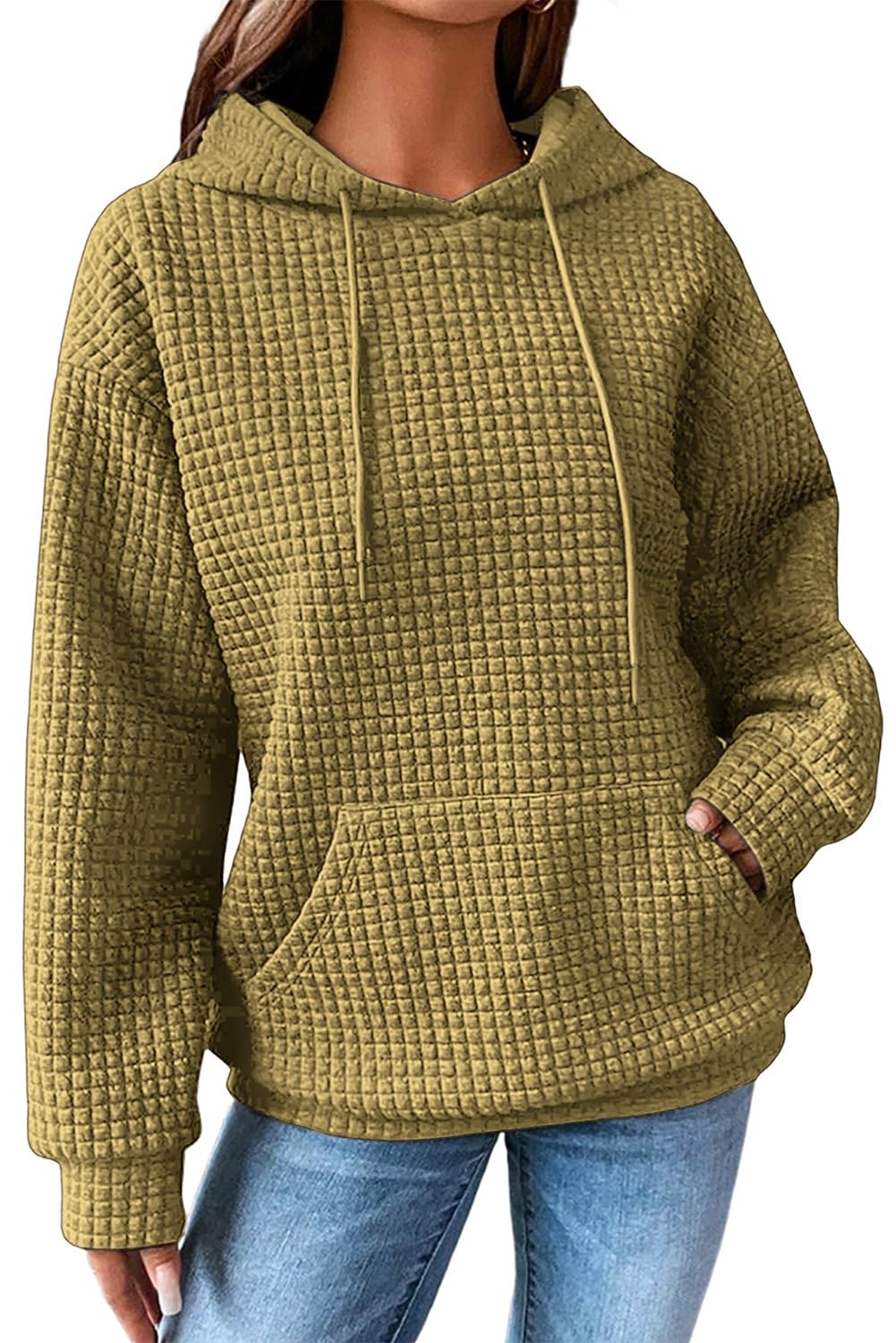 SHEWIN Women Fall Waffle Hoodies Pullover Tops Hooded Sweatshirt