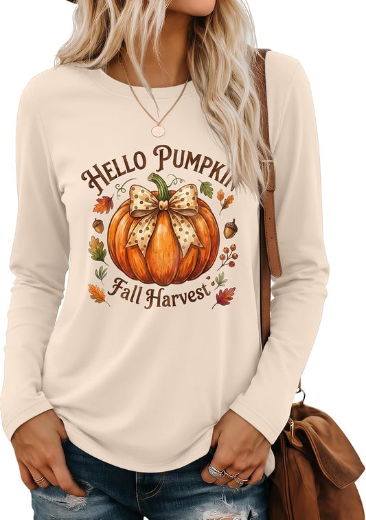 Huukeay Fall Shirts for Women Pumpkin Long Sleeve Tops
