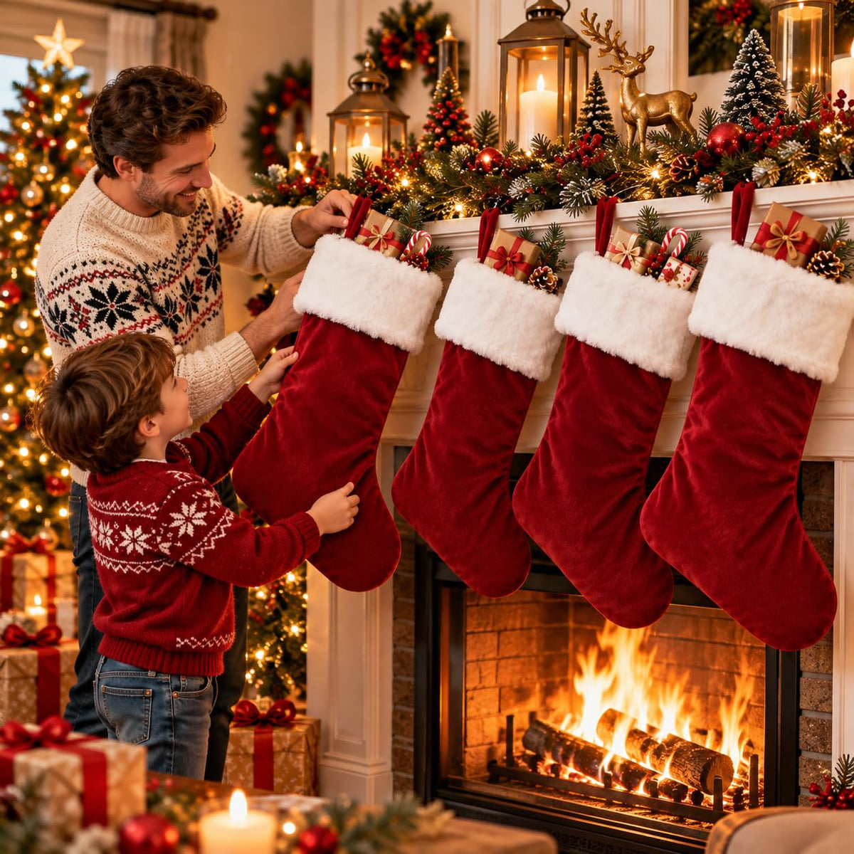 6 Pack Christmas Stockings18 Large Red Plush Christmas Stockings with White Faux Fur Cuff, Soft Thick Xmas Hanging Stockings for Fireplace Mantel, Family Holiday Decorations