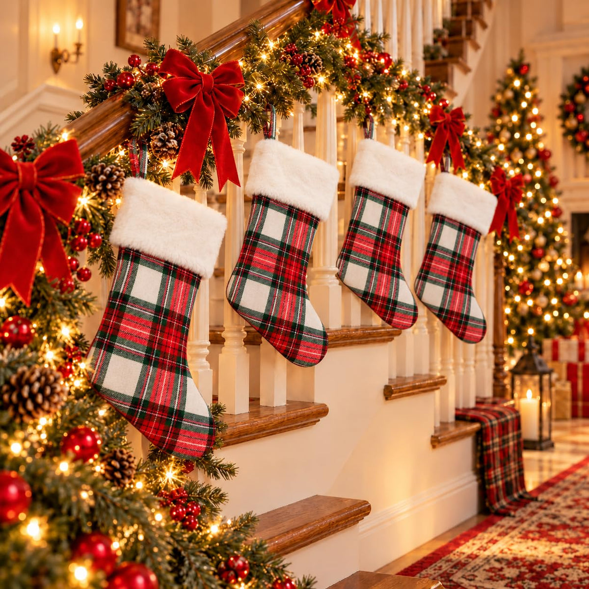 6 Pack Christmas Stockings18 Large Red Plush Christmas Stockings with White Faux Fur Cuff, Soft Thick Xmas Hanging Stockings for Fireplace Mantel, Family Holiday Decorations