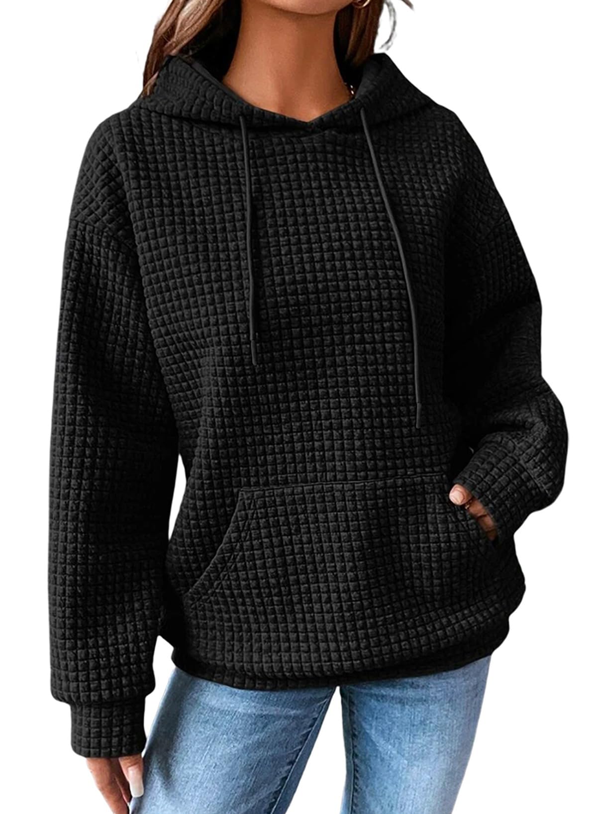 SHEWIN Women Fall Waffle Hoodies Pullover Tops Hooded Sweatshirt