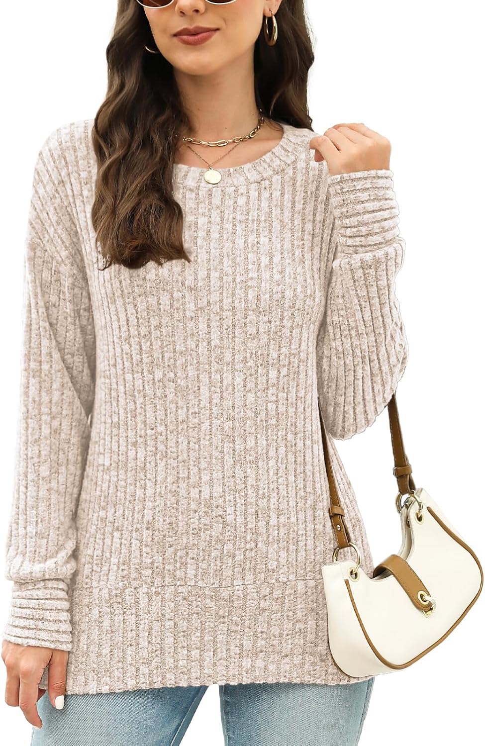 Women's Long Sleeve Crew Neck Lightweight Tunic Sweatshirt