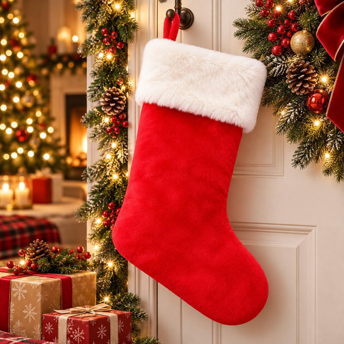 6 Pack Christmas Stockings18 Large Red Plush Christmas Stockings with White Faux Fur Cuff, Soft Thick Xmas Hanging Stockings for Fireplace Mantel, Family Holiday Decorations
