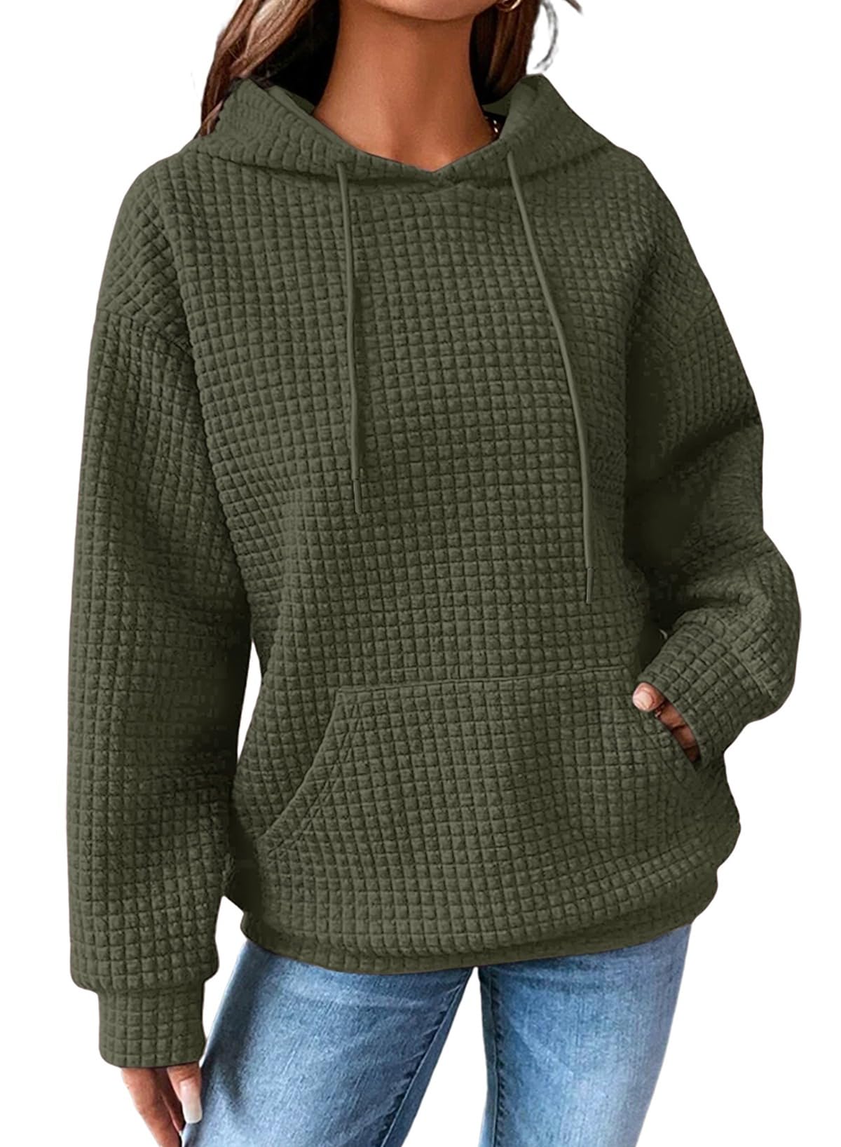 SHEWIN Women Fall Waffle Hoodies Pullover Tops Hooded Sweatshirt