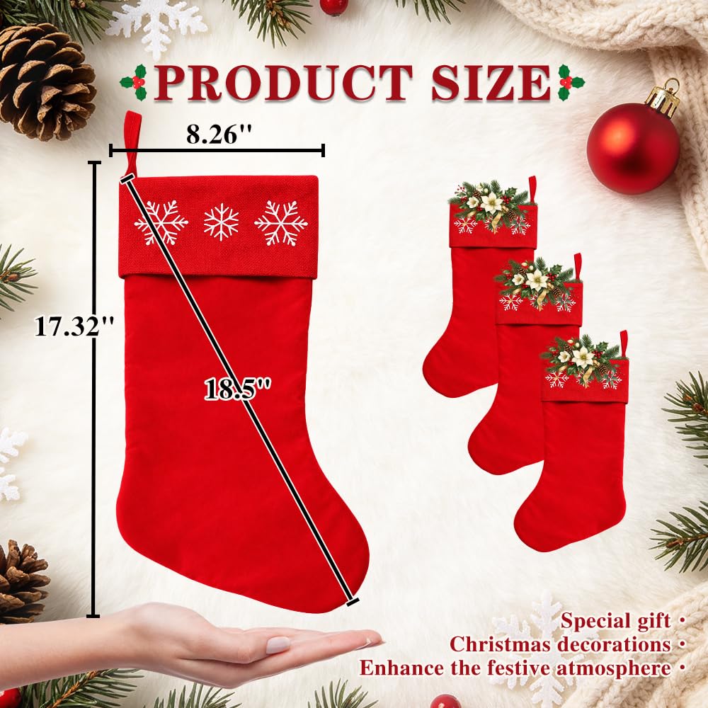 6 Pack Christmas Stockings18 Large Red Plush Christmas Stockings with White Faux Fur Cuff, Soft Thick Xmas Hanging Stockings for Fireplace Mantel, Family Holiday Decorations