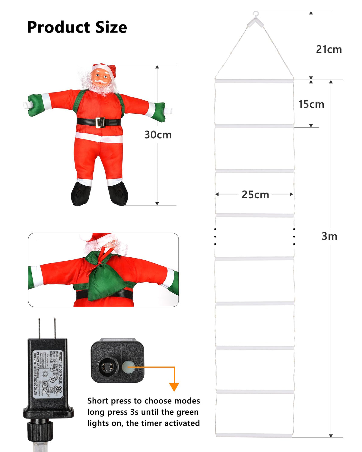 Toodour LED Christmas Lights - 10ft Christmas Decorative Ladder Lights with Santa Claus, Xmas Decorations Light for Indoor Outdoor, Window, Garden, Home, Wall, Xmas Tree Decor - Warm White