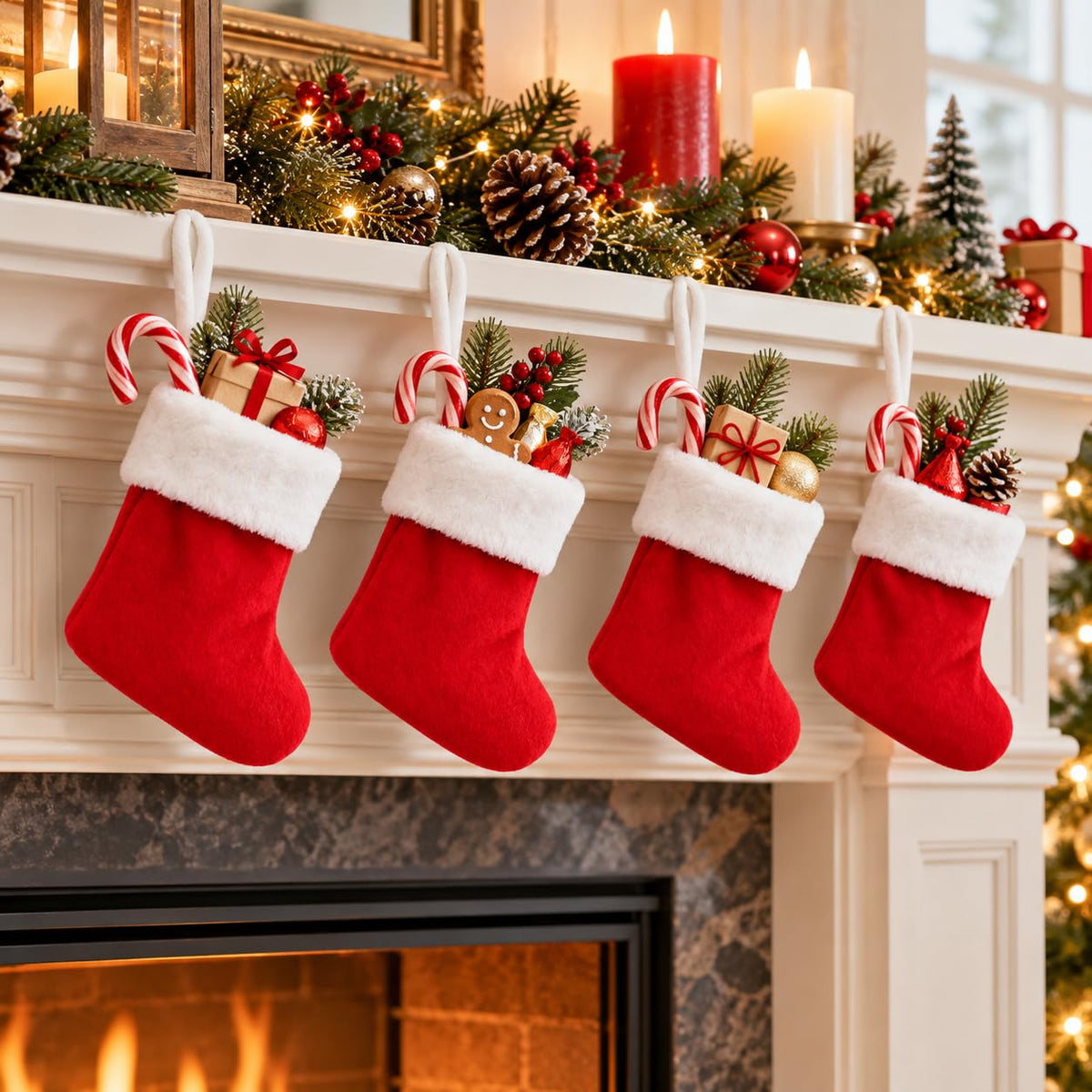 6 Pack Christmas Stockings18 Large Red Plush Christmas Stockings with White Faux Fur Cuff, Soft Thick Xmas Hanging Stockings for Fireplace Mantel, Family Holiday Decorations