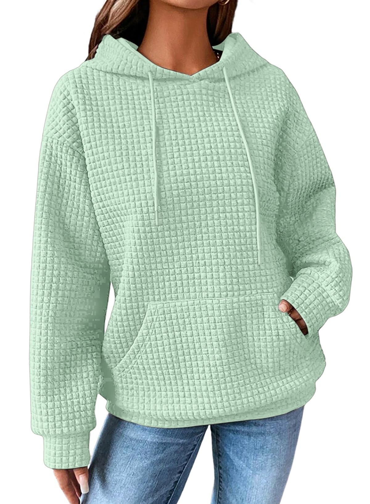 SHEWIN Women Fall Waffle Hoodies Pullover Tops Hooded Sweatshirt