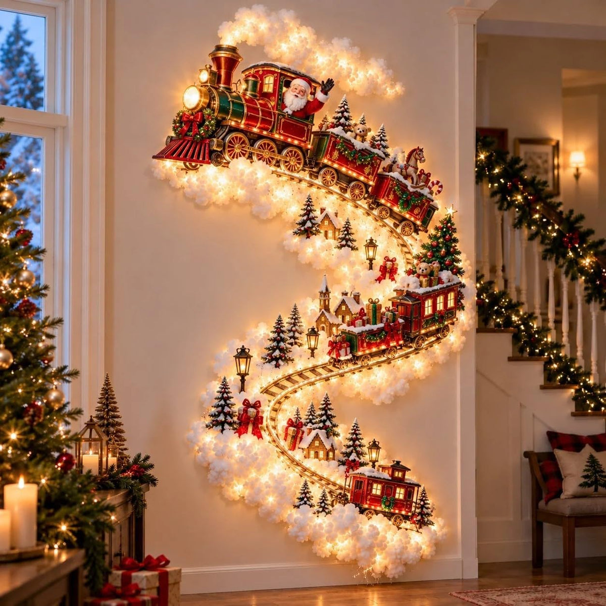 Christmas Magic Trail Wall Light -3D LED Glowing Christmas Scene Wall Decoration, Santa Sleigh Reindeer Hanging Decoration Indoor Holiday Decor for Living Room, Festive Xmas Gift，Train