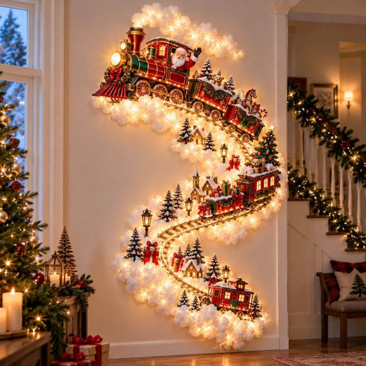 Christmas Magic Trail Wall Light -3D LED Glowing Christmas Scene Wall Decoration, Santa Sleigh Reindeer Hanging Decoration Indoor Holiday Decor for Living Room, Festive Xmas Gift，Train