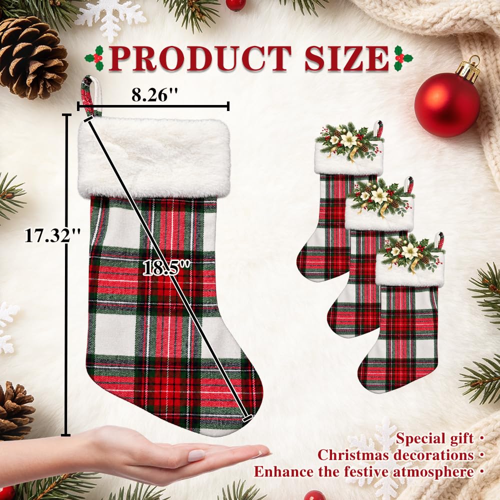6 Pack Christmas Stockings18 Large Red Plush Christmas Stockings with White Faux Fur Cuff, Soft Thick Xmas Hanging Stockings for Fireplace Mantel, Family Holiday Decorations