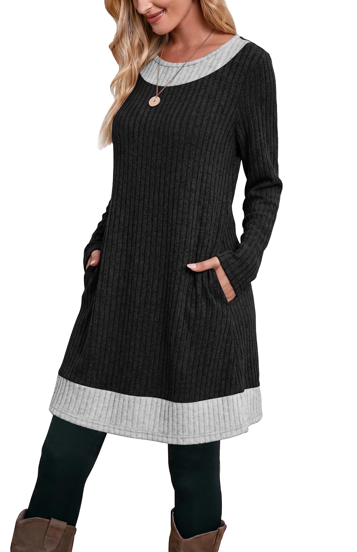 OFEEFAN Fall Dresses for Women 2026 Long Sleeve Sweater Dress Color Block
