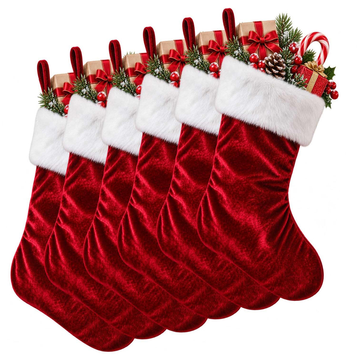 6 Pack Christmas Stockings18 Large Red Plush Christmas Stockings with White Faux Fur Cuff, Soft Thick Xmas Hanging Stockings for Fireplace Mantel, Family Holiday Decorations