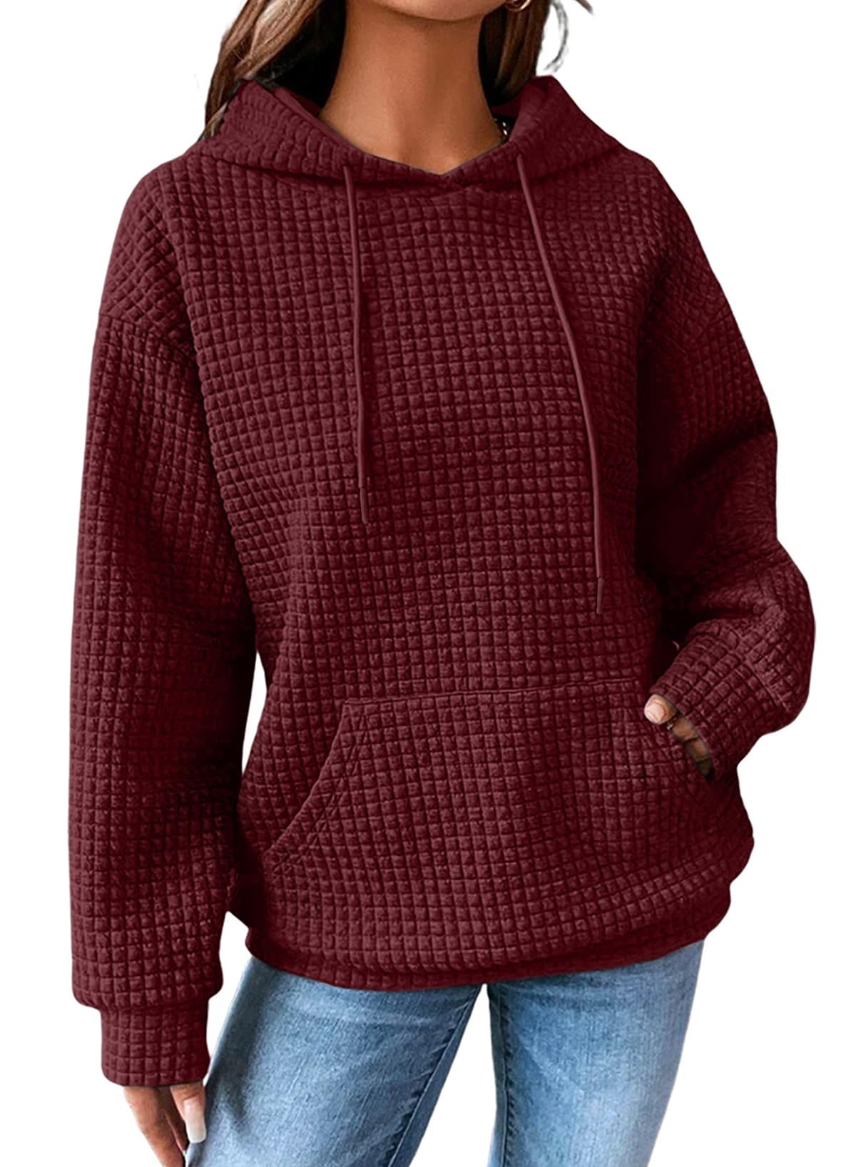 SHEWIN Women Fall Waffle Hoodies Pullover Tops Hooded Sweatshirt