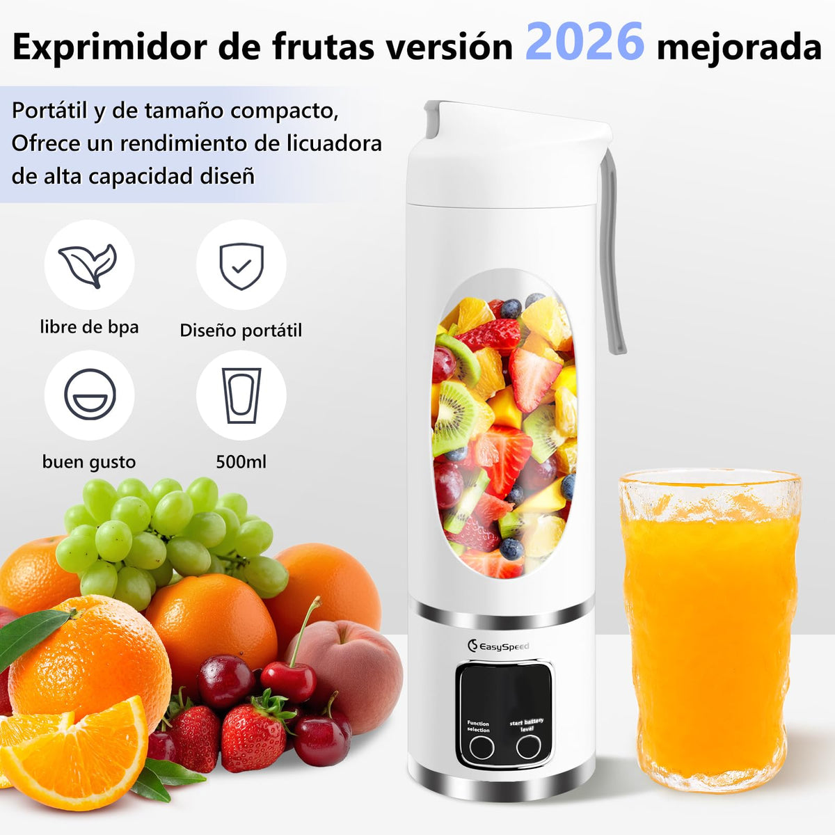 EASYSPEED Portable Blender Electric USB-C, 500ML Personal Juicer for Shakes, 12 Blades, 1500mAh Rechargeable, BPA Free, 18oz Small Blender with Leakproof Lid & Sip Spout, Mixing, Compact